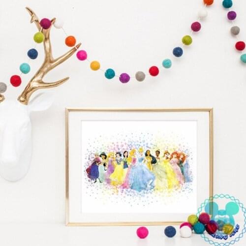 Disney Canvas Cartoon Canvas Princess Watercolor Poster Nursery Wall Art Print All Party Canvas Painting Picture Baby Girls Room