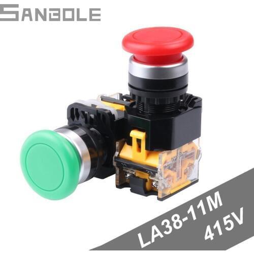 Self-reset Button Switch LA38-11M Mushroom Head Button 22mm 1NO1NC No Lock Momentary Mushroom Cap Push Button Switches (4pcs)