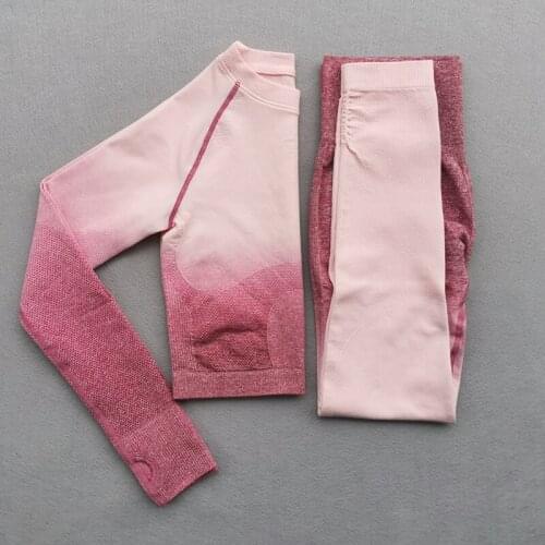 Ombre Seamless Yoga Set Women Long Sleeve Crop Tops With High Waist Tummy Control Sport Leggings Gym Clothing 2Pcs Sport Suit
