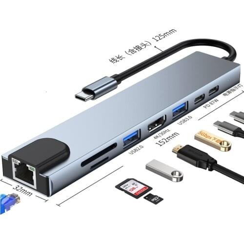 USB C Hub for Macbook Pro Display Type C Hub HDMI SD Card Readers RJ45 3.5mm 8 in 1 Adapter Dock for Huawei Samsung xiaomi vivo