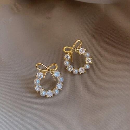 Elegant Trendy Round Crystal Wreath Bow Stud Earrings For Women Imitation Pearls Jewelry Gift