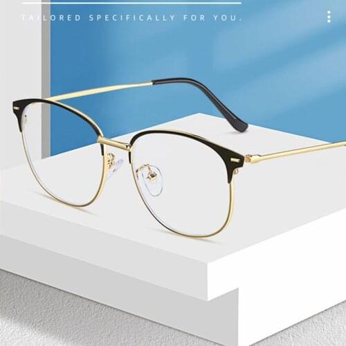 Business Style Half Rim Frame Glasses Man and Woman Retro Anti-Blue Light Lenses Metal Frame Myopia Eyewears