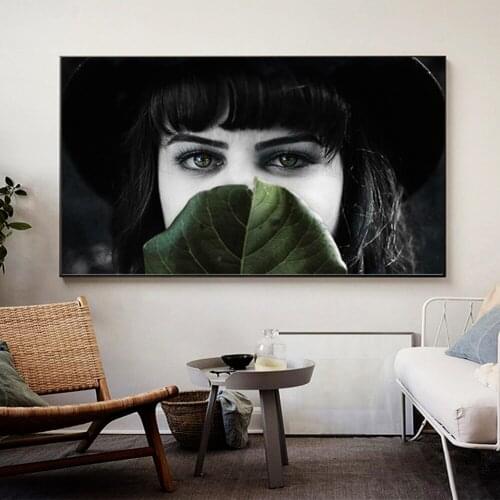 Wall Art Canvas Posters Pictures HD Printing 1 Pieces Nordic Stay Black Women and Green Leaf For Living Room Home Decor Unframed