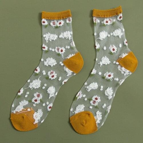 Colorful Daisy Ultra Sheer Floral Socks Women Best Sheer Lace Ruffle Cozy Elastic Mesh Frill Trim Transparent White Ankle Socks