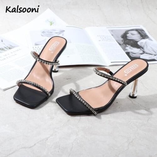 Kalsooni 2021 New SummerTransparent crystal heel High heel square toe open toe sandals with rhinestones