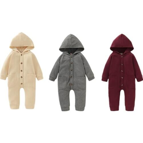 New Infant Baby Boy Girl Kid Pocket Hooded Romper Autumn 100% Cotton Clothes Set