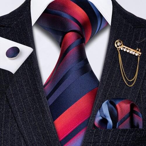 New Men Wedding Tie Gold Brooch Set Red Striped Silk Tie For Men Necktie Handkerchief Cufflink Barry.Wang Designer Tie GS-5258