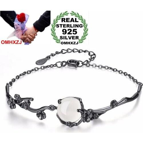 OMHXZJ Wholesale High Quality Fashion Vintage Wild Woman Girl Party Gift Black Plum White Jade 925 Sterling Silver Bracelet SZ96