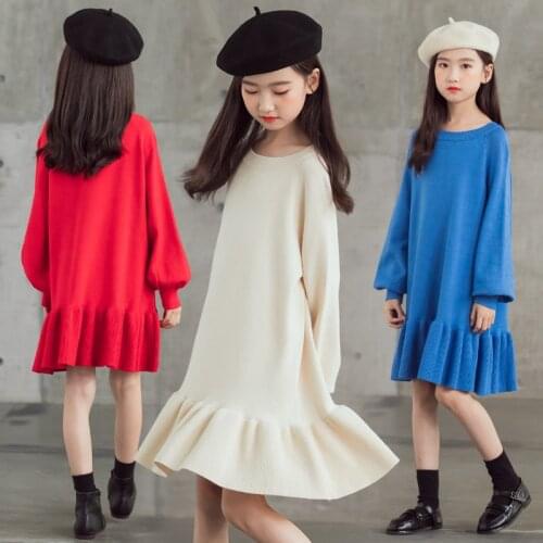 Kids Dress for Girl Casual Girls Dress Long Sleeve Winter Ruffled Sweater Princess Dress Brief Children Clothing 6 8 10 12 14Y