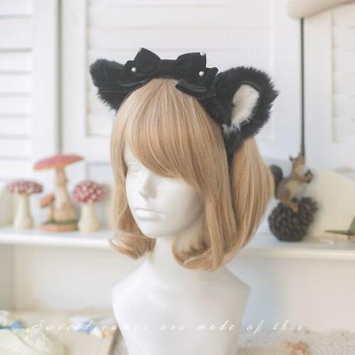 Meowmeow Super Cute Handmade Imitation Fur Cat Ears Headband KC/Earmuff Bows Trim Lolita Sweet Hairband Headwear Black