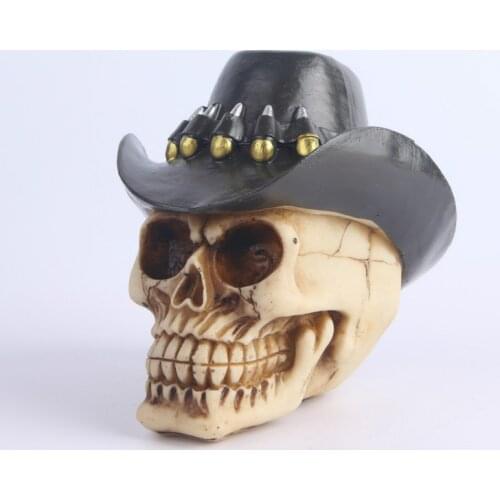 BUF Skull Statue With Cowboy Hat Resin Crafts Western Style Home Decoration Sculpture Halloween Party Decor Ornaments Gifts
