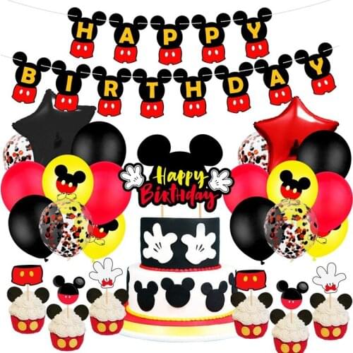 Disney Theme Party Decoration Child Birthday Party Decorations Cute Mickey Mouse Pull The Flag Cake Insert Set Emulsion Balloons