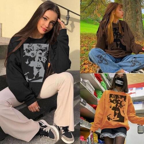 Female Casual Hoodie Streetwear Coat Women,Oversized Jackets Adults Portrait Print Round Neck Long Sleeve Tops for Spring Fall