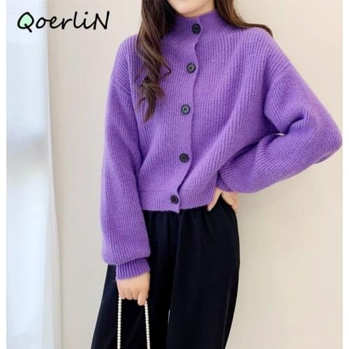 Purple Sweater Women Winter 2020 New Autumn Single-breasted Sweater Cardigan Fashion Lantern Sleeve Warm Knitwear Coat Female