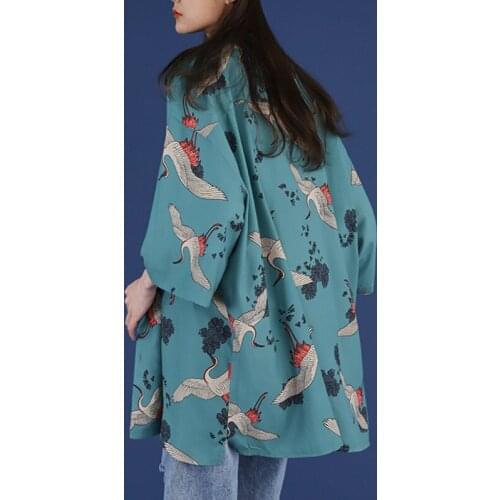 Summer and 2021 New Spring Womens Single-breasted Oversized Lapel Harajuku Top Crane Print Short Sleeve Top Women Streetwear