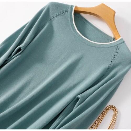 2021New Spring O-Neck Knitted Base Shirt Women Thin 100%Cotton Linen Long-Sleeved Large Size Pullover Sweater Color Matching Top