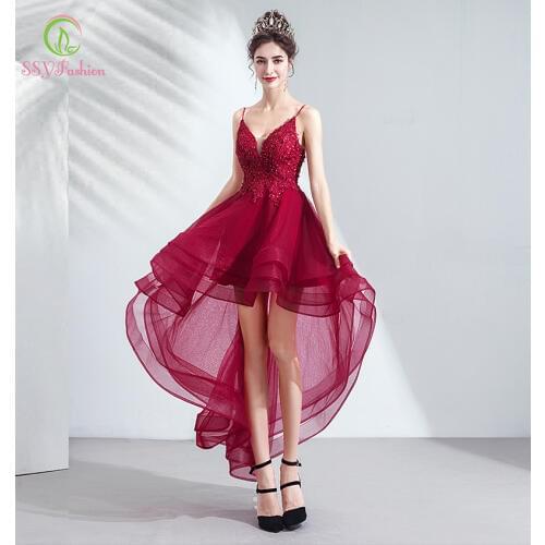 SSYFashion New Burgundy Cocktail Dresses V-neck Short Front Long Back Lae Appliques Party Formal Gowns Special Occasion Dresses