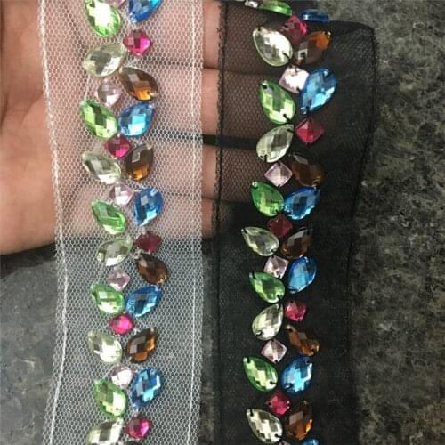 2yards Pearl Rhinestone Colorful Beaded Lace Trim Mesh Fabric For Sewing Wedding Dress Dentelle Applique Decorative Accessories