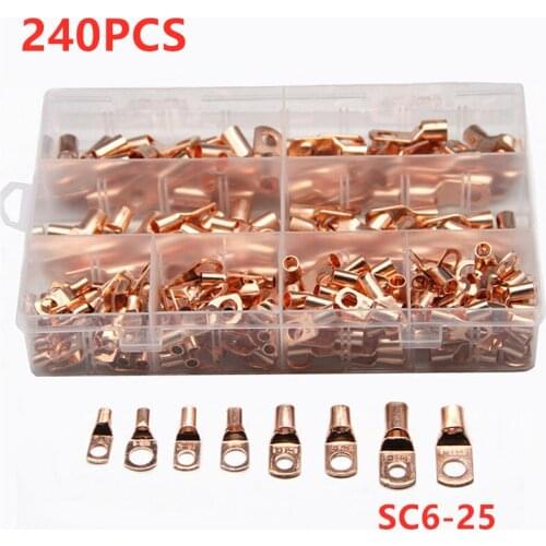 240Pcs SC6-25 Car Copper Wire Ring Terminal Splice Terminals Bare Cable Crimped Soldered Terminal Closed End Crimp Connectors