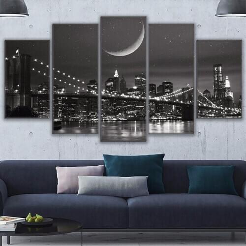 5 Pieces New York Moonlight Pictures Hd Prints Brooklyn Bridge Black White Poster Canvas Painting Modular Wall Art Home Decor