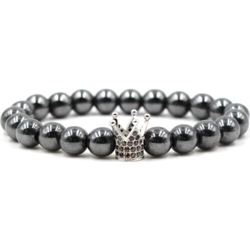 8mm zwd23 elastic adjusted nature hematite bead micro pave Crown cz cubic zirconia Bracelet for Women