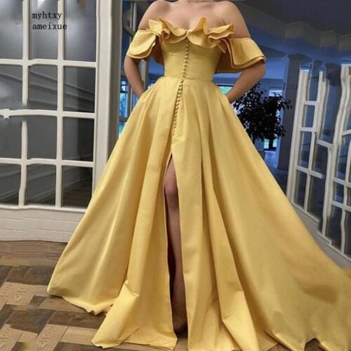 A-line High Quality Satin Sweep Train Sexy Side Slit Plus Size White Prom Dresses 2021 Zipper Back Yellow Vestido De Festa Black
