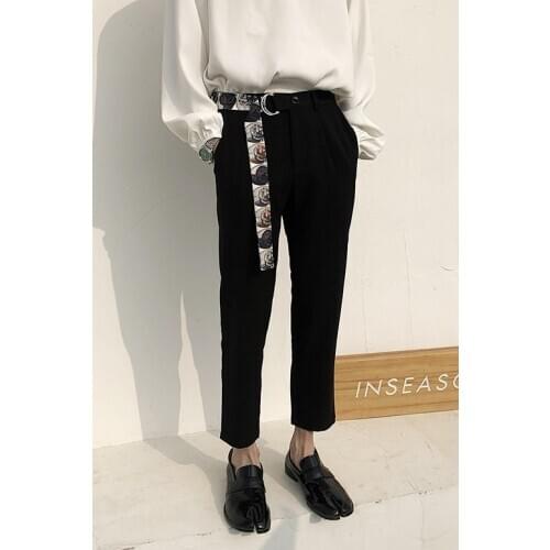 Free Shipping New fashion casual mens male Original irregular belt slim black cropped trousers color printing hairdresser pants