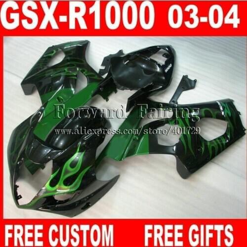 Free custom Fairings for SUZUKI 2003 2004 GSXR1000 K3 fairing kits 03 04 GSXR 1000 black green flames GSXR 1000 7 gifts KH85