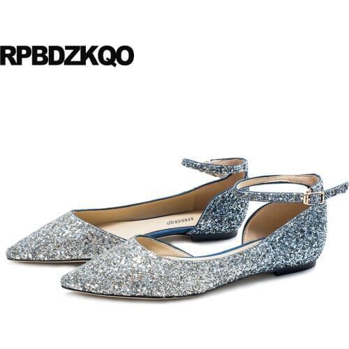 Glitter autumn spring bling sequins single shoes wedding china designer women flats pointed toe ankle strap sparkling chinese