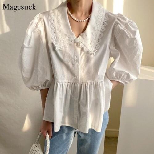 Cute Peter Pan Collar Short Sleeve Blouses Women Summer New Puff Sleeve Tops Blouse Slim Vintage Loose Button White Shirt 13930