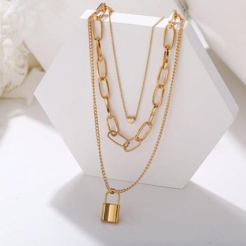 Fashion Star Lock Pendant Chain Necklace Exaggerated Alloy Heart-shape Pendant Thick Multi Layer Necklace Women Jewelry Gift