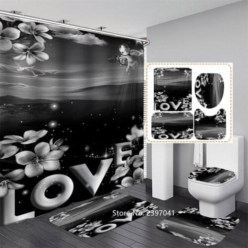 Love English Letters Black and White Fashion Personality Waterproof Shower Curtain Carpet Toilet Seat Cushion Pedestal Carpet