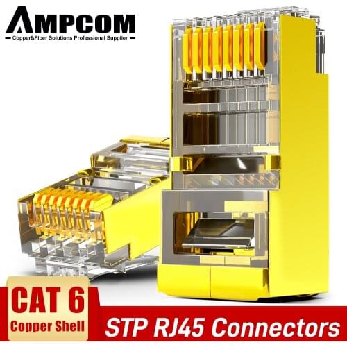 AMPCOM Shielded RJ45 CAT6 Connector Modular Plug Connector 8P8C Crimp End Ethernet Cable Ethernet Connector Gold-Plated 50U