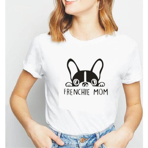 Frenchie Mom Cartoon Printed Cotton T Shirt Women Short Sleeve Fashion Plus Size White Tee Shirt Femme Hipster Funny T-shirt