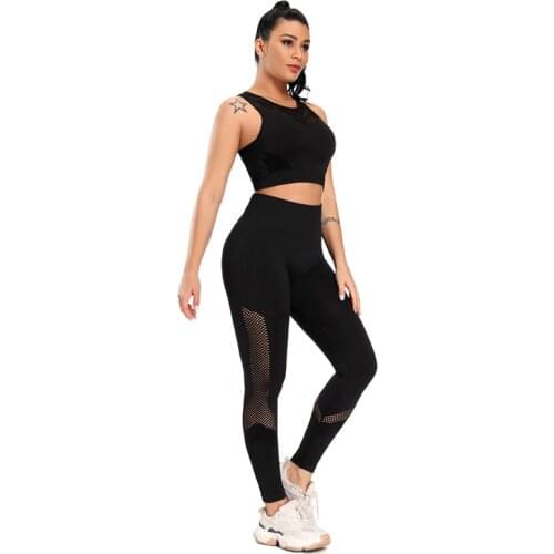 NORMOV Women Sets Hollow Out Polyester O Neck Tank Tops High Waist Solid Leggings Sets Casual Workout Female 2 Piece Sets