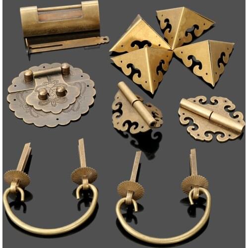 Brass Furniture Hardware Set Chest Hinge Trunk Latch Lock Wooden Box Handle Pulls Knob Corner Brackets Plate Protector and Nails