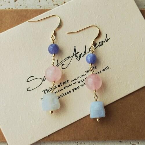 Lii Ji 14K Gold Filled No Fade Gemstone Drop Earrings Blue Lace Agate Rose Quartz Tanzanite Earring Women Summer Jewelry Gift
