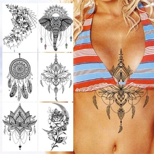 Lotus Flower Henna Temporary Tattoos For Women Girls Tribal Dreamcatcher Tattoo Sticker Black Fake Jewelry Elephant Tatoos Chest