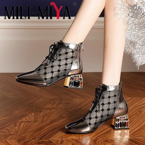 MILI-MIYA Fashion Women Cool Boots Patent Leather Mesh Zipper Square Toe Crystal Square Heels Breathable Shoes Plus Size 34-42