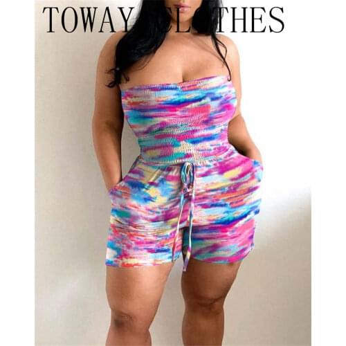 Multicolor Print Bandeau Sleeveless Pocket Slim Romper Sleeveless Slim Lace-up Romper