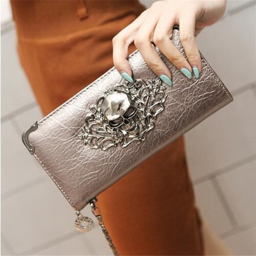 Hot Fashion Metal Skull Pattern PU Leather Long Wallets Women Wallets Portable Casual Lady Cash Purse Card Holder Gift