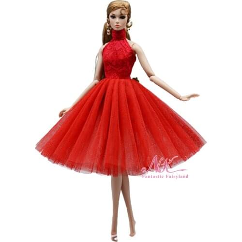NK 1 Pcs Red Doll Dress Lace Skirt Party Wedding Princess Gown Fashion Outfit Clothes For Barbie Doll For FR Doll Girl Gift
