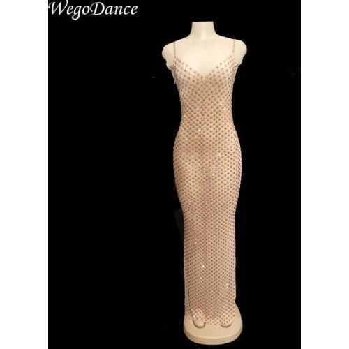 New Sexy Gold Rhinestones Mesh Dress Evening Party Sleeveless Long Dresses Birthday Celebrate Perspective Dress for woman