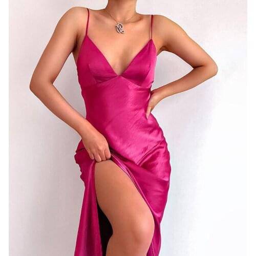 Spaghetti Strap Satin Dress Women Sexy Bodycon V-Neck Long Dresses A-Line Sleeveless Womens Evening Party Dress Ladies 2021
