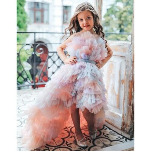 Ruffle High Low Flower Girl Dress Sheer Neck Puffy Tulle Princess Birthday Gown Party Pageant Dress Photography