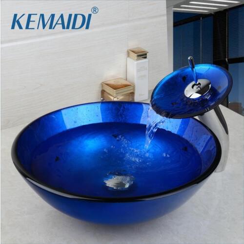 KEMAIDI Hand painting Bahtroom Sink Bowl with Water Tap Faucet and Pop up Drain Tempered Glass Washbasin Bar