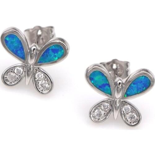 RH0125 Butterfly Stud earrings blue / orange fire opal silver plated earrings women classic fashion jewelry gifts