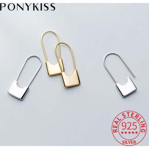 PONYKISS 100% 925 Sterling Silver Paper Clip Simple Hoop Earrings Women Party Delicate Fashion Lock Earrings Accessory Fine Gift