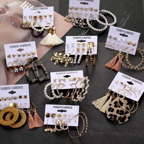 Bohemian Tassel Leopard Print Pearl Drop Earring Set 2020 Fashion Pearl Flower Geometric Korean Earring Charm Party Jewelry Gift