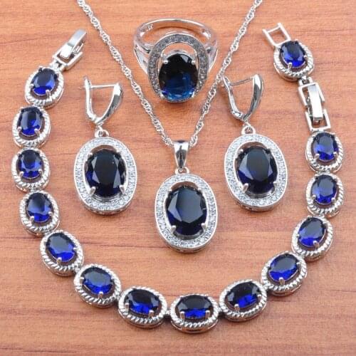 Bridal jewelry Blue Crystal Jewelry Sets Party Costume Silver Color Pendant Necklace Ring Earrings Bracelet Set JS096